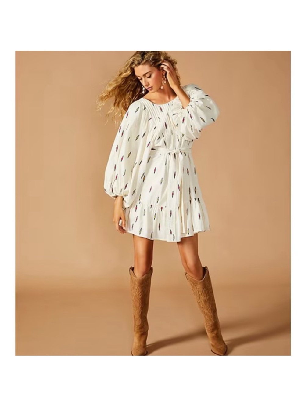Boho White Mini Dress with Feather Print